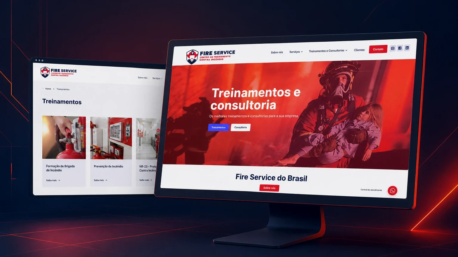 Site Fire Service do Brasil apresentado em uma composição visual ampla com interfaces reais de treinamento