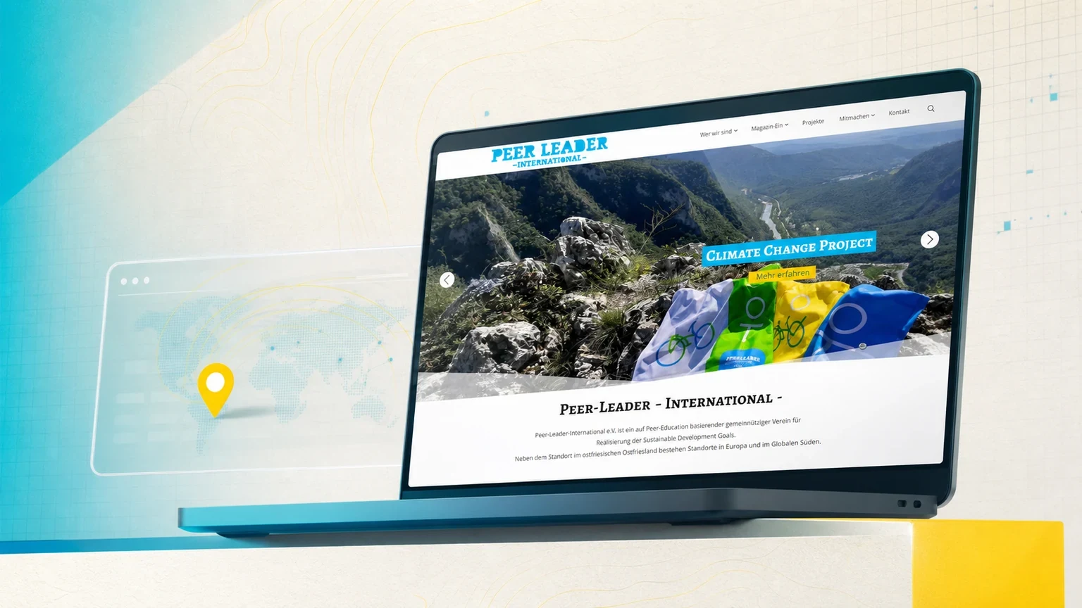 Site Peer Leader International apresentado em uma composição visual ampla com interface real da iniciativa