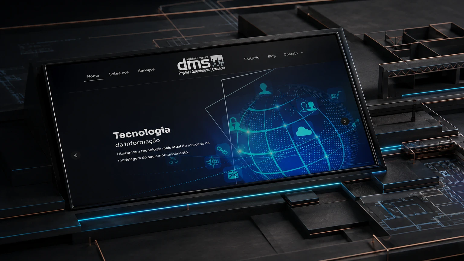 Site da DMS Arquitetura e Engenharia apresentado sobre uma composição visual de projeto arquitetônico