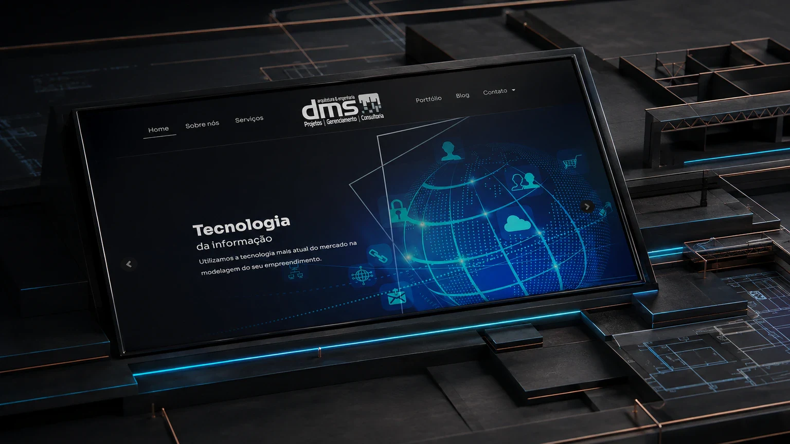 Site da DMS Arquitetura e Engenharia apresentado sobre uma composição visual de projeto arquitetônico