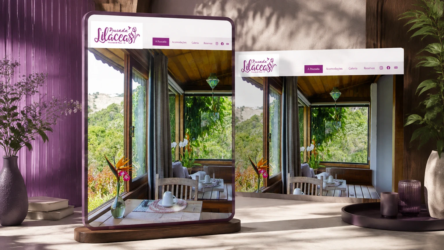 Site da Pousada Liláceas apresentado com imagem real de um chalé com hidromassagem e vista para a Serra da Mantiqueira