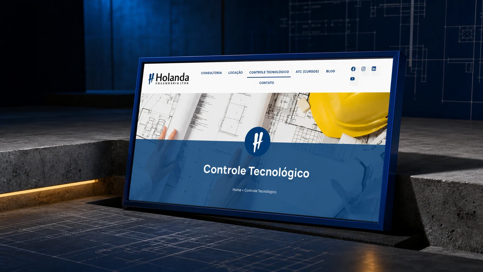 Site da Holanda Engenharia apresentado em uma composição visual com identidade técnica e linhas de engenharia