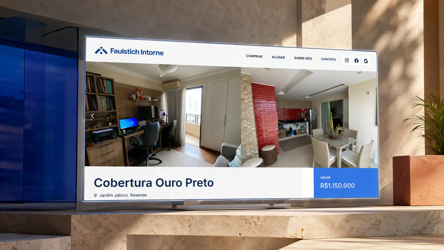 Site da Faulstich Intorne Imóveis apresentado com imagem real de uma residência contemporânea
